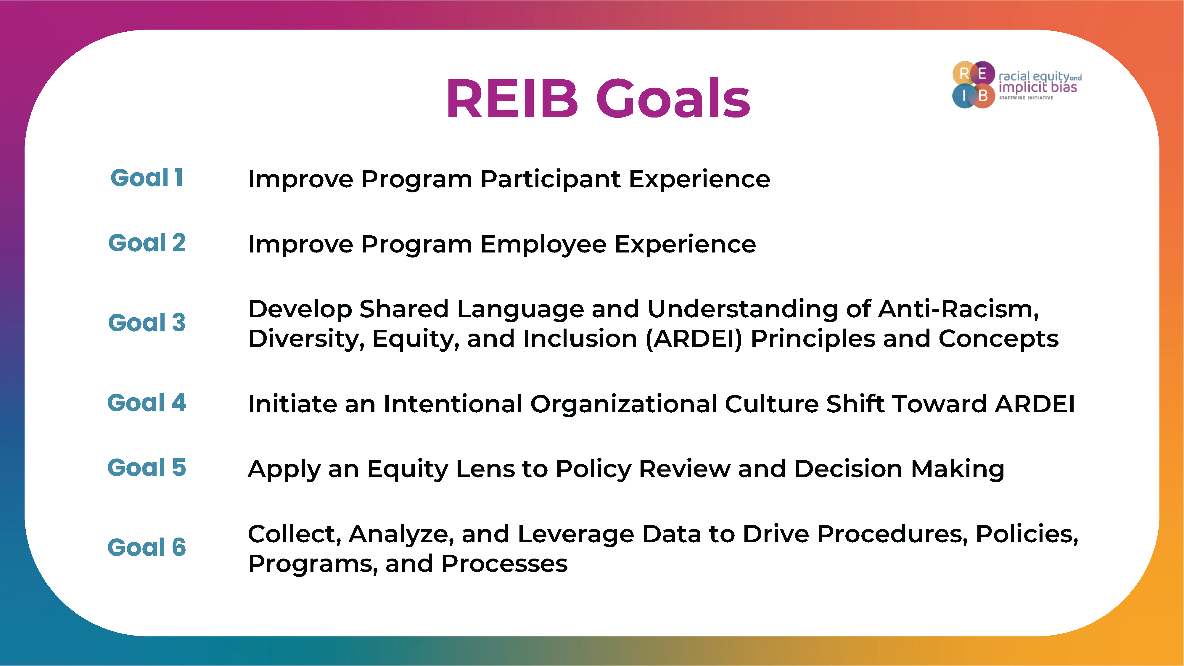 A graphic titled 'REIB Goals' lists six objectives related to anti-racism, diversity, equity, and inclusion (ARDEI). Goals include improving program participant and employee experience, developing shared ARDEI language, initiating cultural shifts, applying an equity lens to decision-making, and leveraging data for policies and procedures. The background features a gradient of purple, pink, orange, and blue, with a small REIB logo in the top right corner.